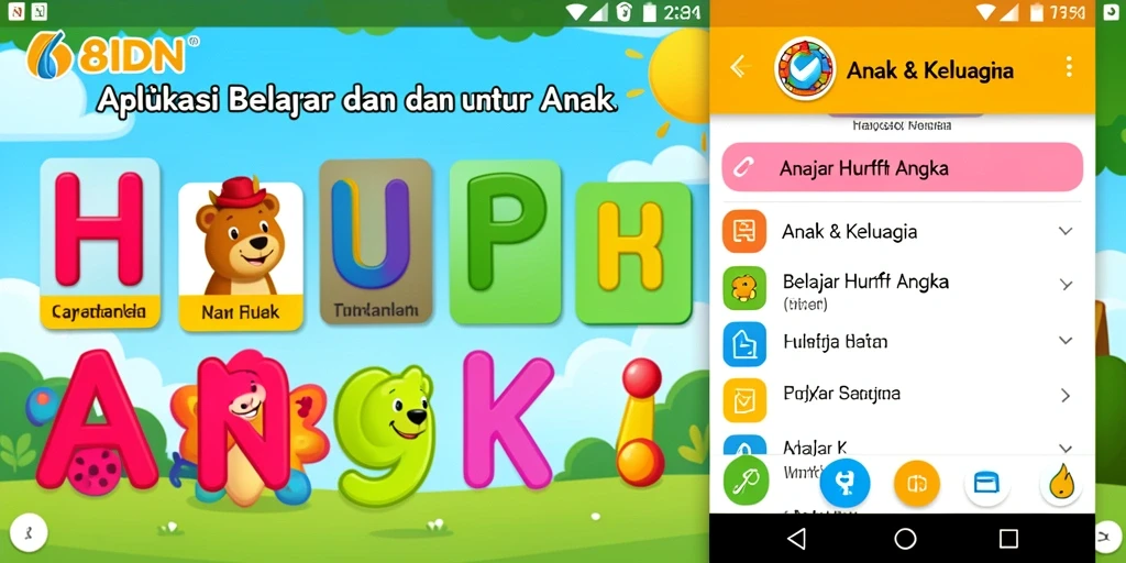Antarmuka aplikasi 68IDN yang ceria untuk belajar huruf dan angka.