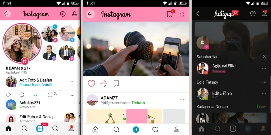 Antarmuka aplikasi ADAM77 dengan beragam filter Instagram.